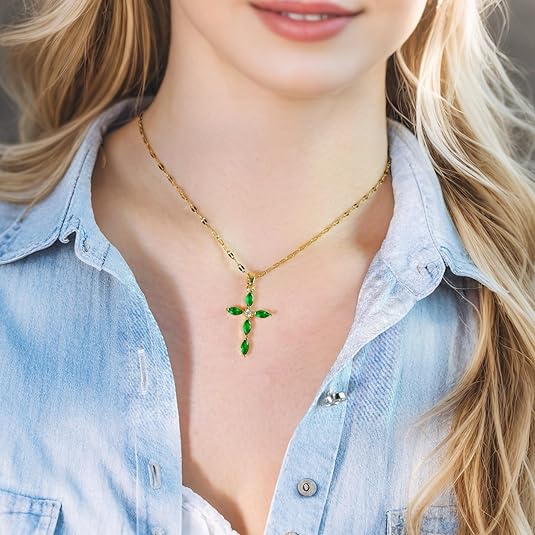 Emerald Cross Necklace | Gold