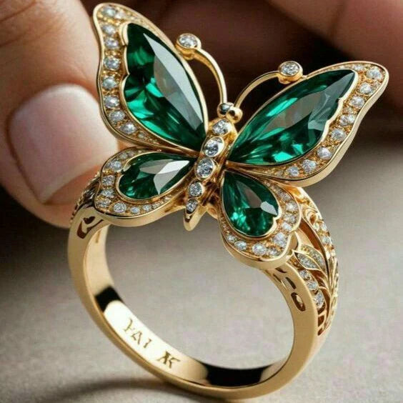 Green Crystalline Butterfly Gold Ring